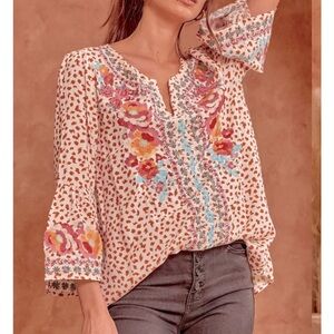 SAVANNA JANE Floral Embroidered Leopard Bell Sleeve Tunic Top - Large